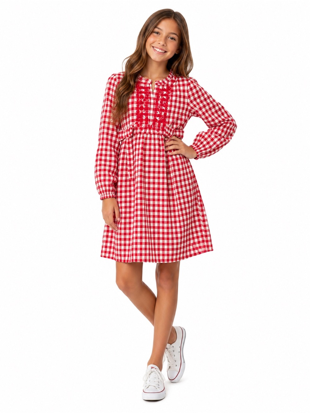 EUC Happy by Pink Chicken Girls' Red Gingham Long-Sleeve Dress